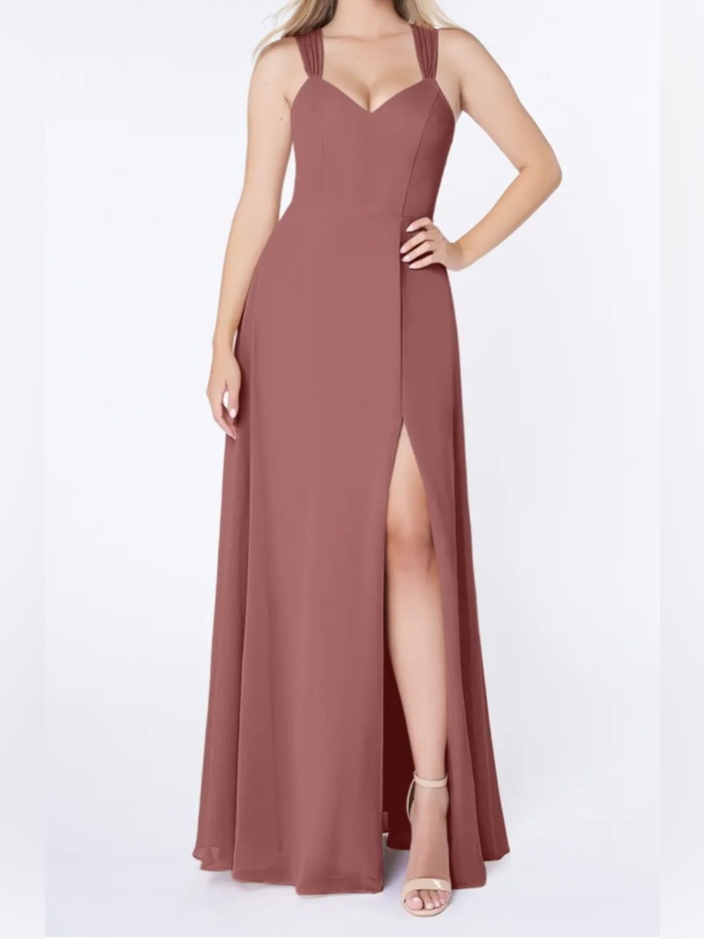 Azazie Jane Desert Rose A-Line V-Neck Pleated Chiffon Dress Size A-6 (US 6)